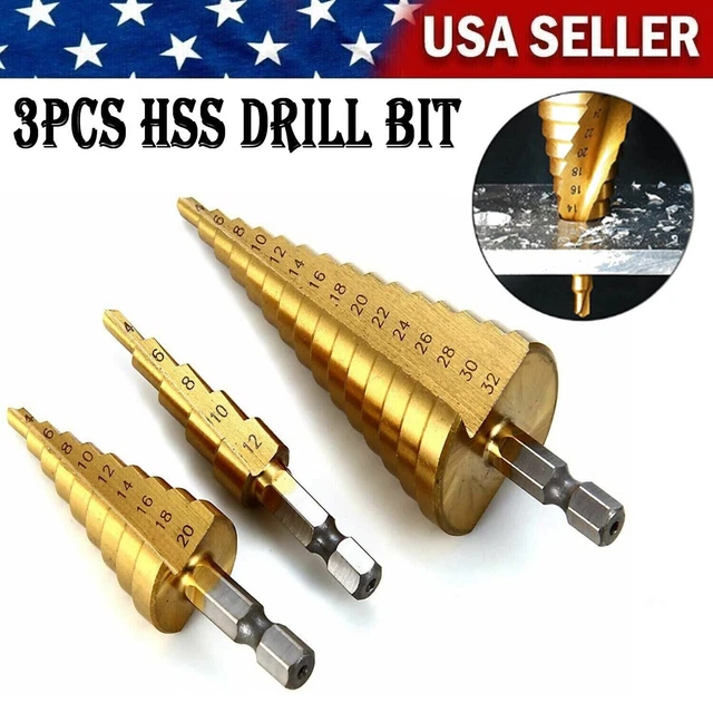 3Pcs Drill Bit Titanium Nitride Coated Set Steel Step Quick Change 1/4" Shank