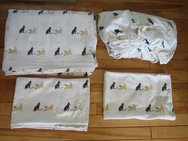 Orvis Flannel Full Flat Sheet Twin Fitted Sheet & 2 Pillowcases Dogs Black Beige