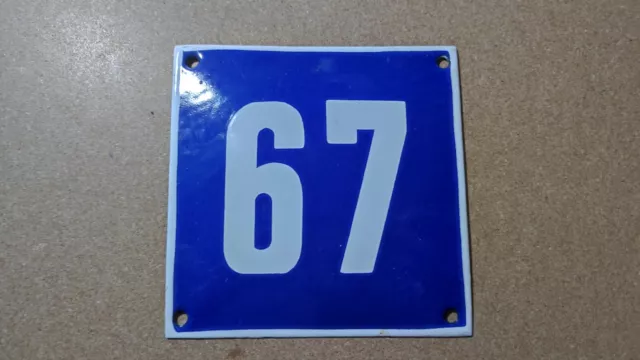 Vintage Enamel Sign Number 67 Blue House Door Street Plate Metal Porcelain Tin