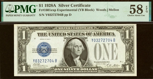 1928A $1 Silver Certificate PMG 58EPQ Experimental YB Block Fr 1601exp