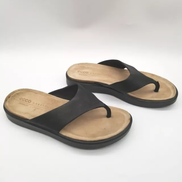 Ecco Womens Black Leather Corksphere Thong Slide  Flip Flop Flat Sandals 6