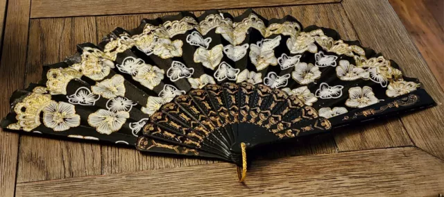 Lovely Hand Painted Silk Hand Fan Floral On Black With Gold Accents