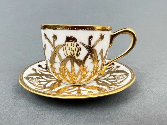 ATQ Morimura Nippon Gold Gilt Nouveau Thistle Demitasse Tea Cup Saucer Eggshell