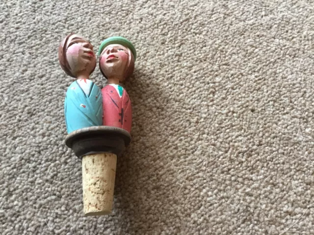 Wooden Mechanical Cork Bottle Stopper With KISSING COUPLE Hand CARVED WOOD