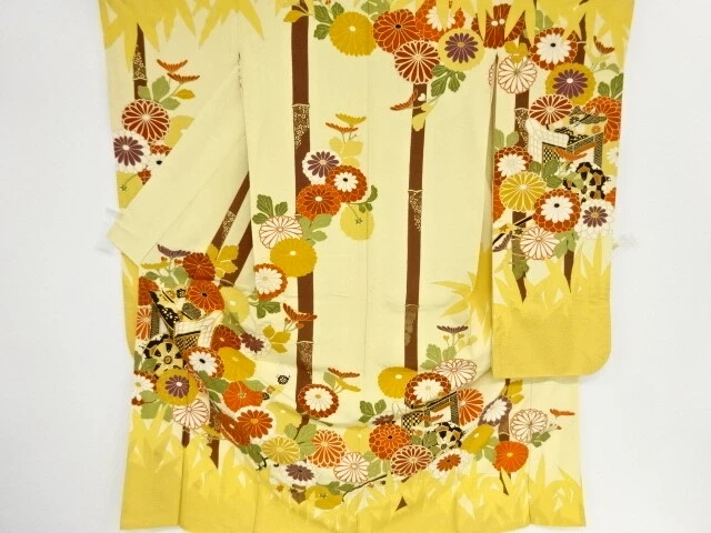 98599# Japanese Kimono / Antique Furisode / Embroidery / Carriage & Bamboo G