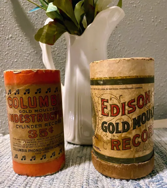 Lot of 2 Antique Vintage EDISON RECORD & COLUMBIA RECORD Empty Canisters