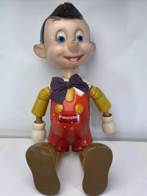 Walt Disney  11" Pinocchio Wooden Jointed Doll By Ideal Novelty 1930's (Damaged)
