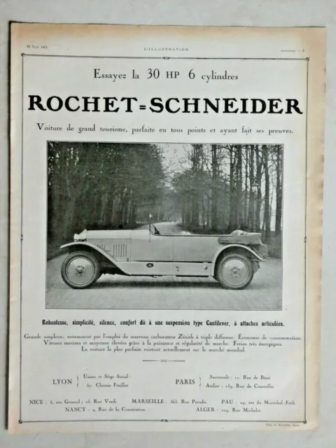 Publicité De Presse 1921 Automobiles Rochet Schneider La 30 Hp 6 Cylindres