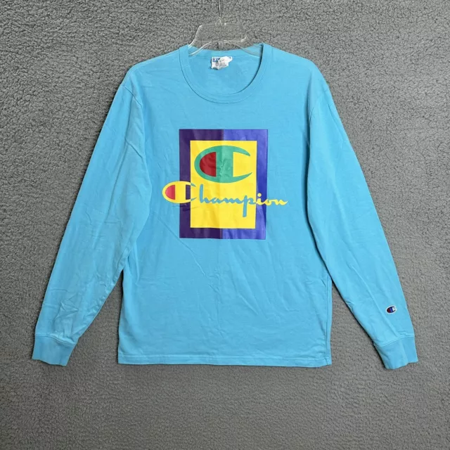 VTG Champion Shirt Mens Medium Blue Long Sleeve Crewneck Casual Logo Graphic