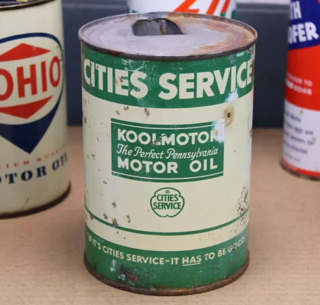 100% original * 1930s CITIES SERVICE KOOLMOTOR OIL Old Solder Seam Tin 1 qt. Can