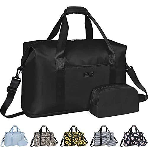 Expandable Travel Duffle Bag, Large Weekender Overnight Bags for Women Black