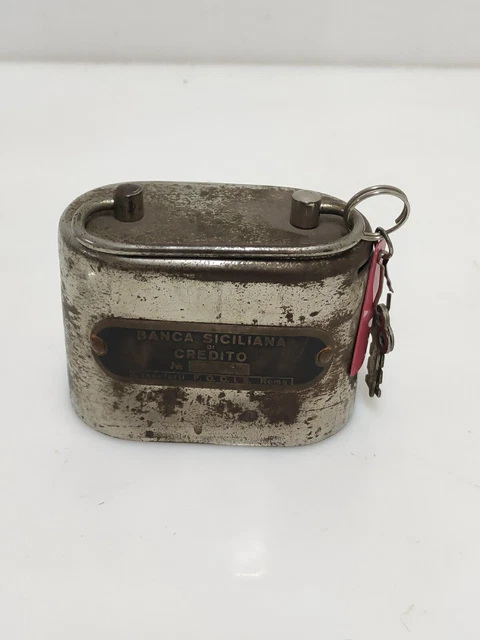 SALVADANAIO In METALLO Vintage Banca Siciliana Di Credito Due Chiavi Funzionante