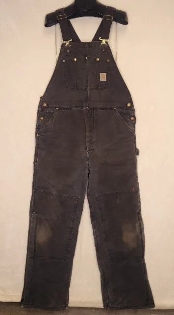 Carhartt Overalls 38 x 29 Insulated Quilt Lined Duck Bibs Black Distressed Vtg