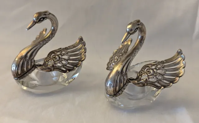 Vintage Solid Silver Mounted Continental Cut Glass Swans with movable  Wings