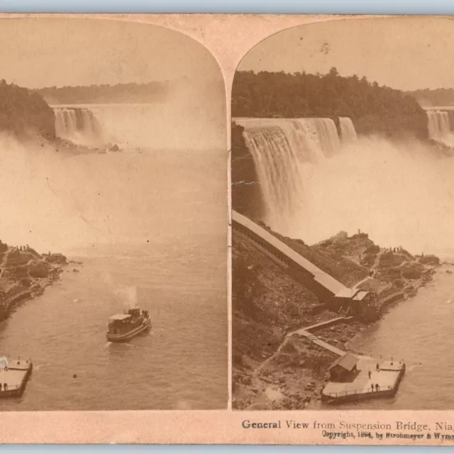 1900 Niagara Falls Suspension Bridge View Photo Stereo Card Dock Steam Boat V5
