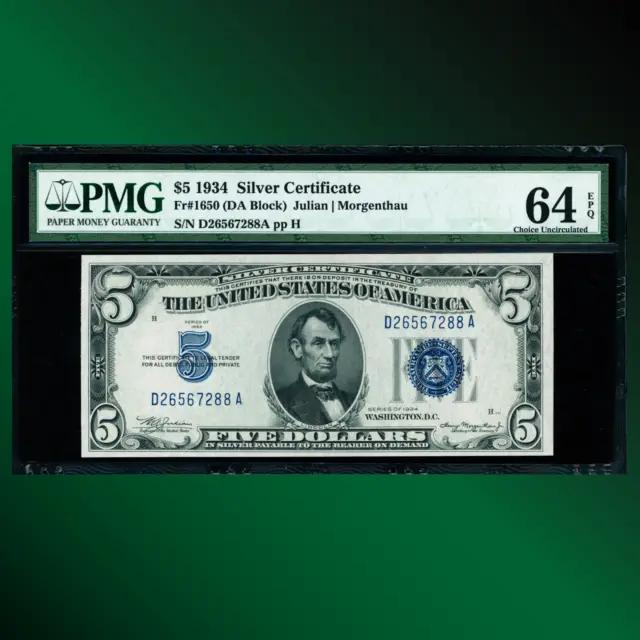 Fr.1650 1934 $5 Five Dollar Silver Certificate DA Block, PMG 64 EPQ, 67288