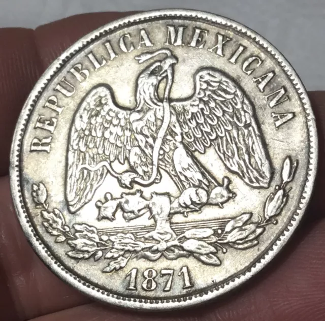 1871 MEXICO SILVER 1 PESO Go S GUANAJUATO MINT, VERY GOOD DETAILING