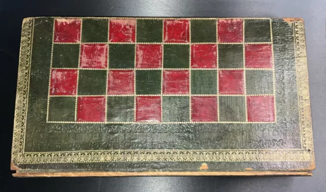 Antique Vintage Italian Leather Bound Book Chess Checkers Backgammon Game Board 3