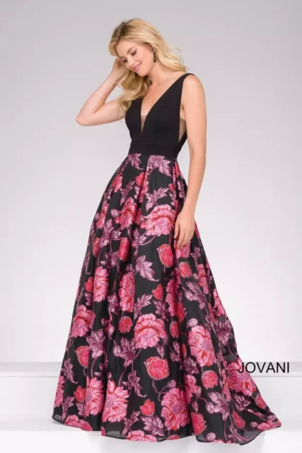 Jovani Black Sleeveless V-Neck Floral Print Brocade Dress New with Tags Size 6