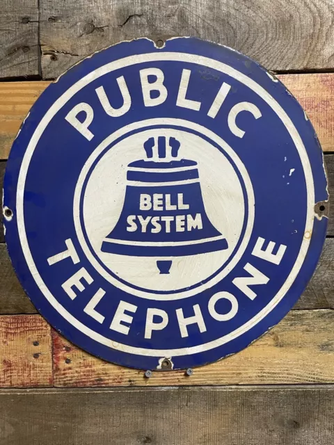 Vintage Public Telephone Porcelain Sign 16” Bell System Payphone Enamel Marker