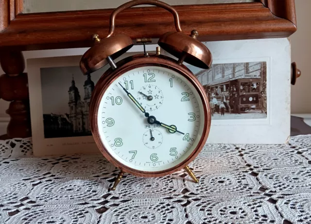 Vintage alarm clock, Peter, Germany, copper, wind up clock, mechanical, home dec