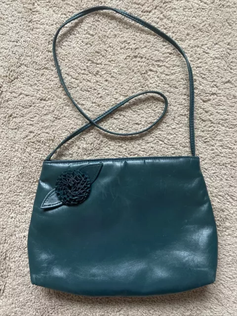 Vintage Mary Ann Rosenfeld Dark Forrest Green Leather Shoulder Bag/ Purse Floret