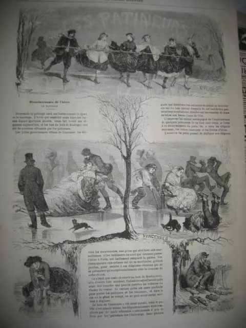 Gravure 1864 - Divertissment de L'hiver Le Patinage