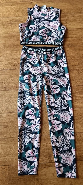 SHEIN Girls Outfit Set Top Leggings Active Jungle Leaf Pink Sports 11-12years