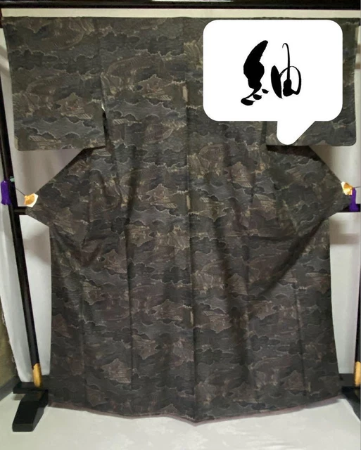 Kimono Tokamachi Tsumugi Pure Silk Landscape Painting Kasuri Black Sash Fashion