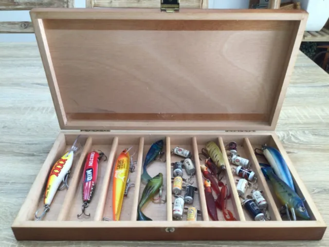 Fishing Lure Wood Box including hard to find alcohol lures