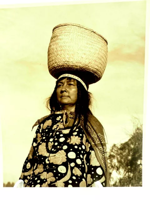 Scarce Native American Woman Carrying Basket on Her Head Photo Circa 1940s