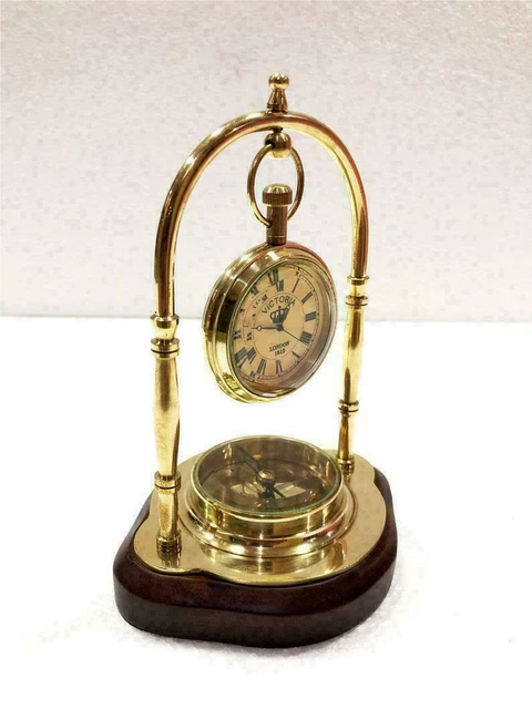 Antik Messing Kompass Stil Nautisch Schiff Holz Base Schreibtisch Uhr Büro Dekor 5