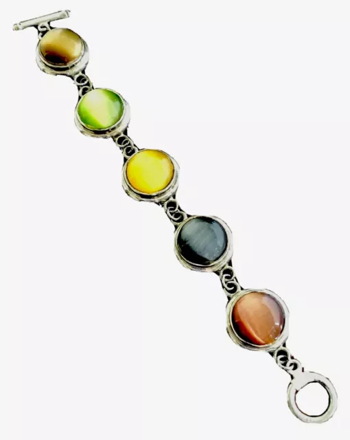 Cats Eye Bracelet Multi Color Glass Cabochons Silver Tone Toggle Clasp