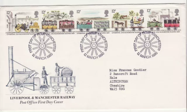 GB Stamps First Day Cover Liverpool Manchester Railway, steam SHS Wheel 1980