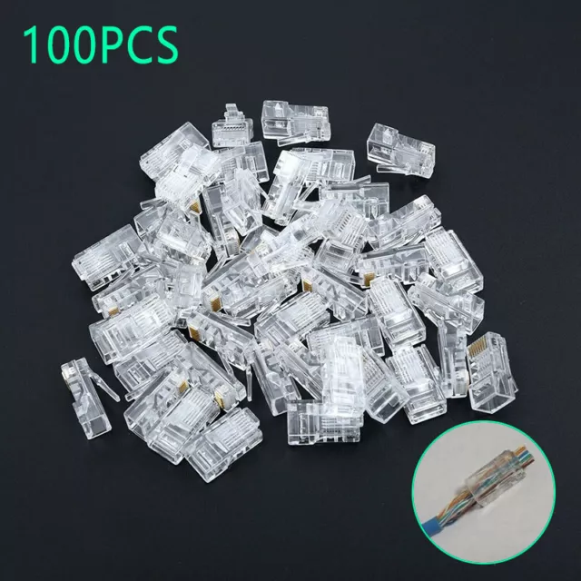 100* RJ45 Network Modular Plug 8P8C CAT5e Cable Connector End Pass Through C