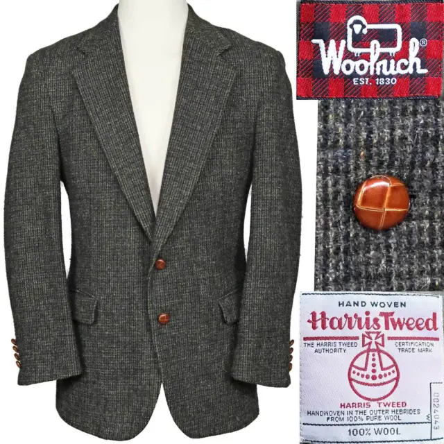 80s Vintage Woolrich Harris Tweed Wool Sport Coat Suit Jacket Black Check 42 R