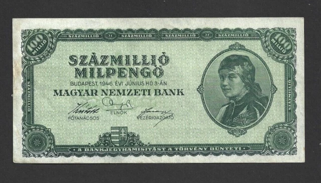 100 Million Milpengo Vf  Banknote From  Hungary 1946 Pick-130