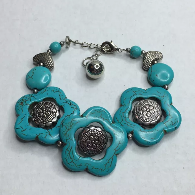 Vintage 90s silver tone faux turquoise stone howlite floral bracelet