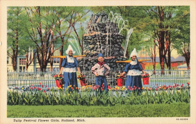 Holland MI Michigan, Tulip Festival Flower Girls Fountain, Vintage Postcard