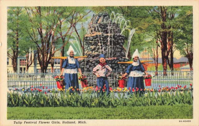 Holland MI Michigan, Tulip Festival Flower Girls Fountain, Vintage Postcard