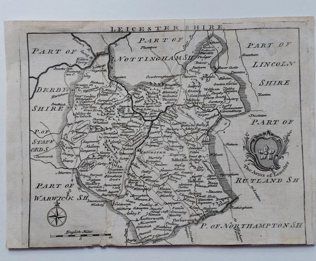 ANTIQUE 18TH CENTURY County Map Leicester Leicestershire C. 1700 £19.95