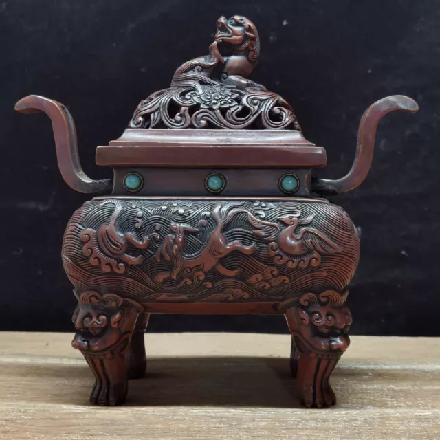 Chinese Rare Old red copper handmade brave troops Phoenix incense burner 乾隆年