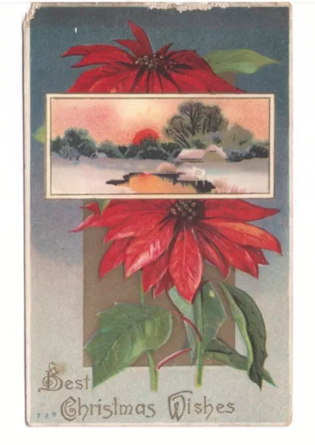 Best Christmas Wishes, Poinsettia, Rural Winter Scene, Vintage Embossed Postcard
