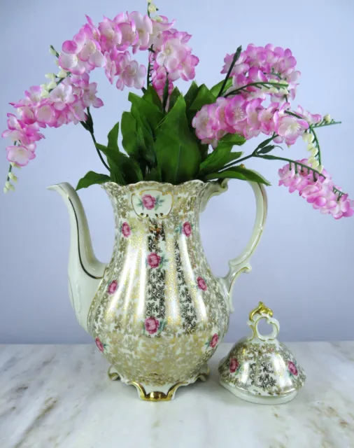 Mitterteich Bavaria Porcelain Coffee Pot Rare Vtg 1940s Gold Floral Pink Roses