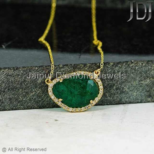 Collier Or Jaune 14K Avec Diamant Naturel Polki - Chaîne 45.7cm Handmade Personnalisable