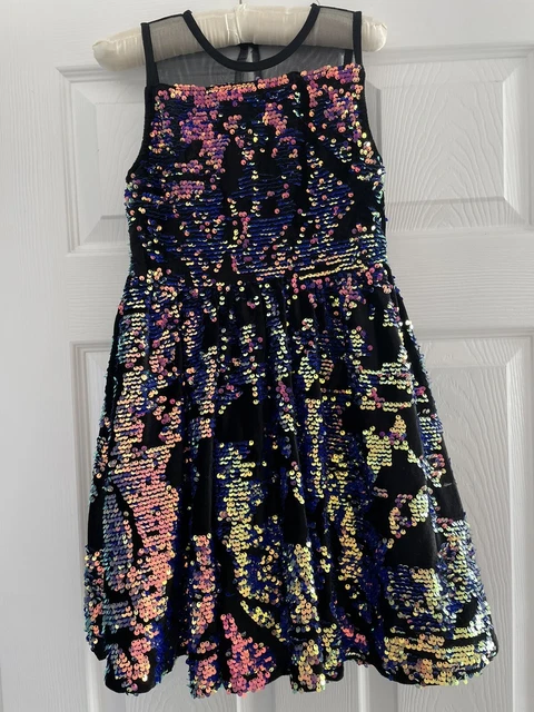 Stunning Girls Sequin Velvet Party Dress Black Purple Age 8 Mesh Matalan Netted