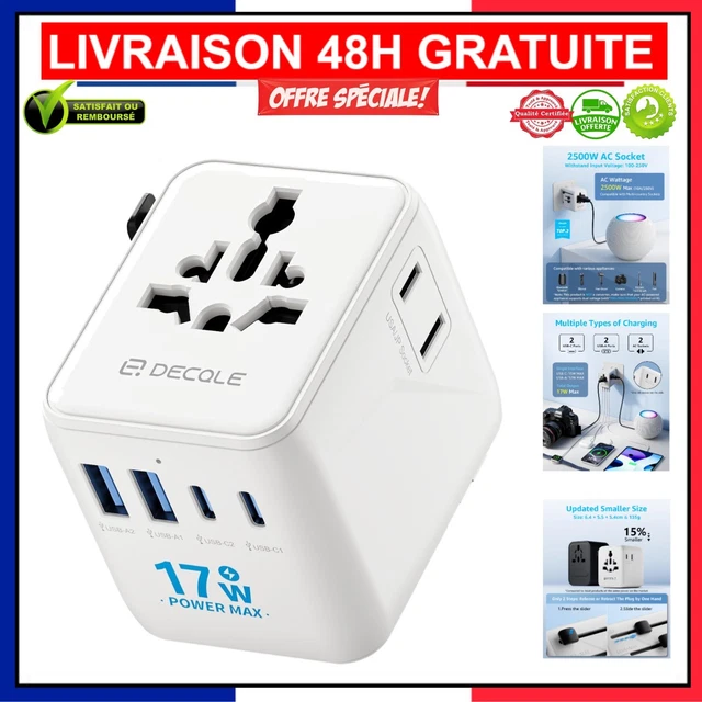 Adaptateur de Voyage TESSAN Universel,avec 3 USB et 1 Type C,France