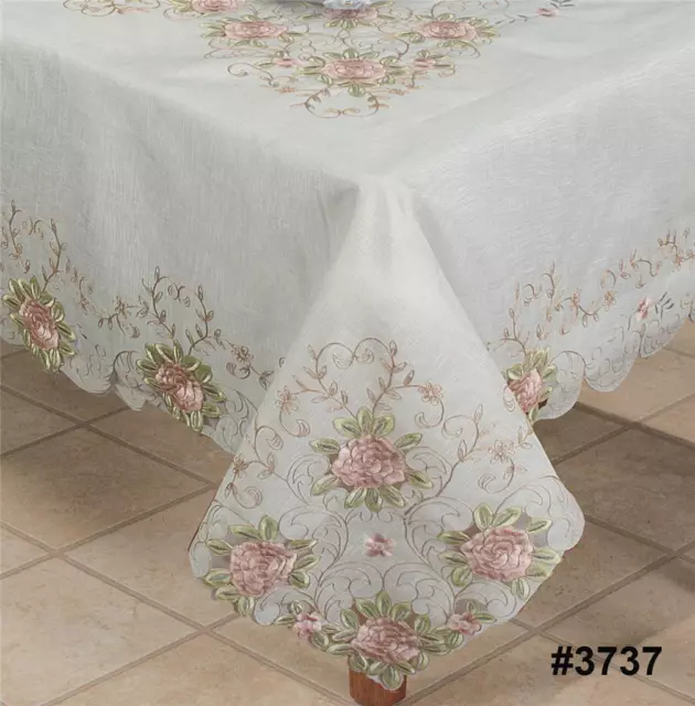 Spring Embroidered Pink Rose Floral Cutwork Sheer Tablecloth with Napkins #3737W