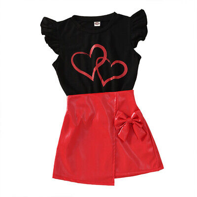 Toddler Girl Outfit Clothes Casual Heart T-shirt Top+PU Leather Skirts Dress Set