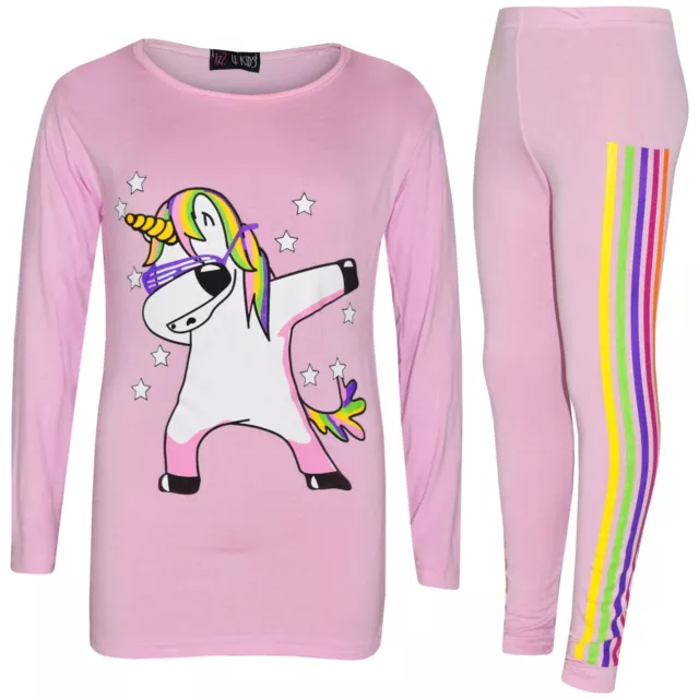 Kids Girls Rainbow Unicorn Dab Floss Baby Pink Top & Legging Xmas Set 7-13 Years